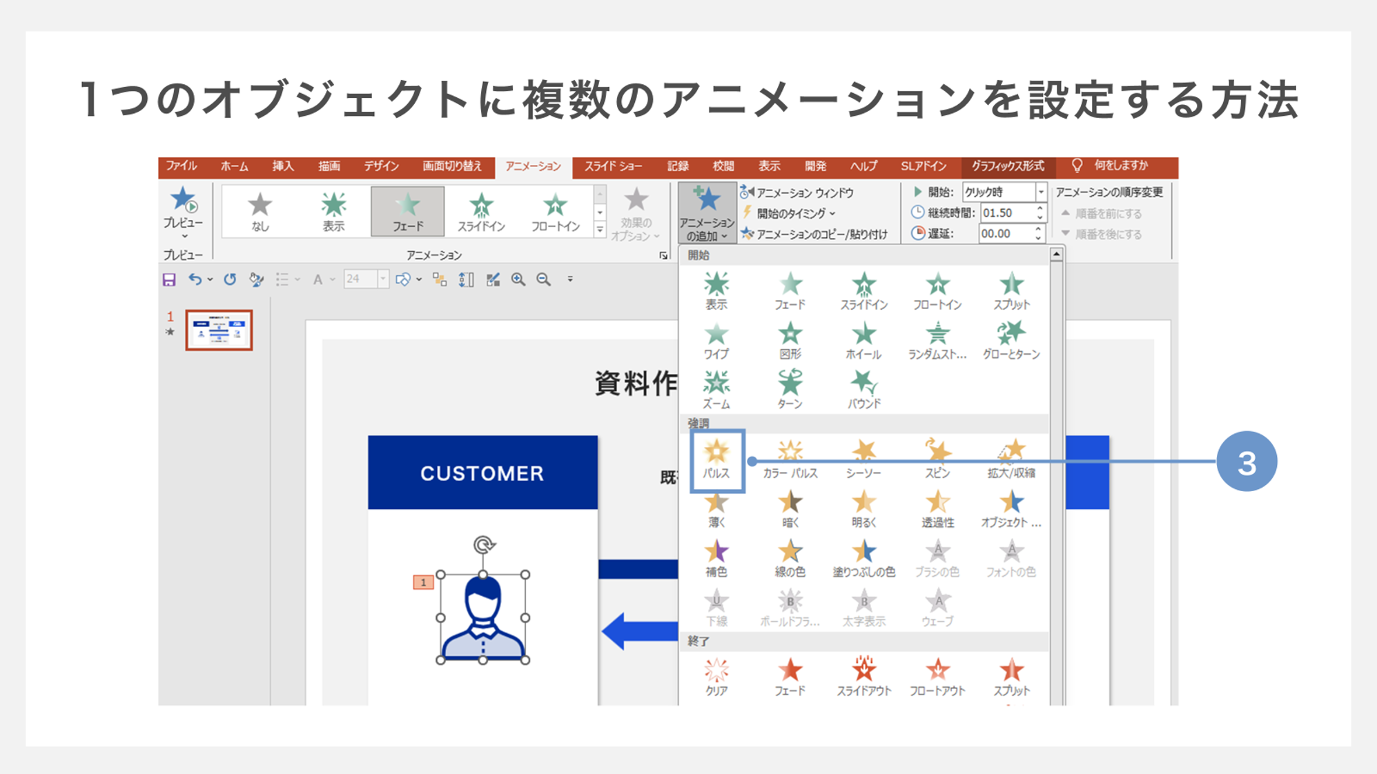 1つのオブジェクトに複数のアニメーションを設定する方法