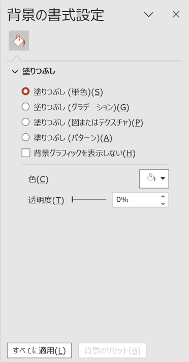 パワーポイントの背景設定／背景の書式設定ウインドウ