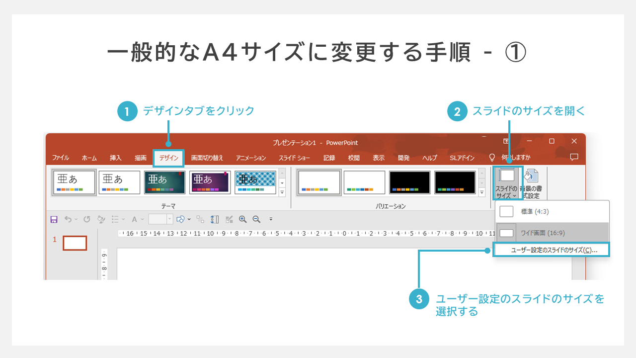 一般的なA4サイズにスライドを変更する手順