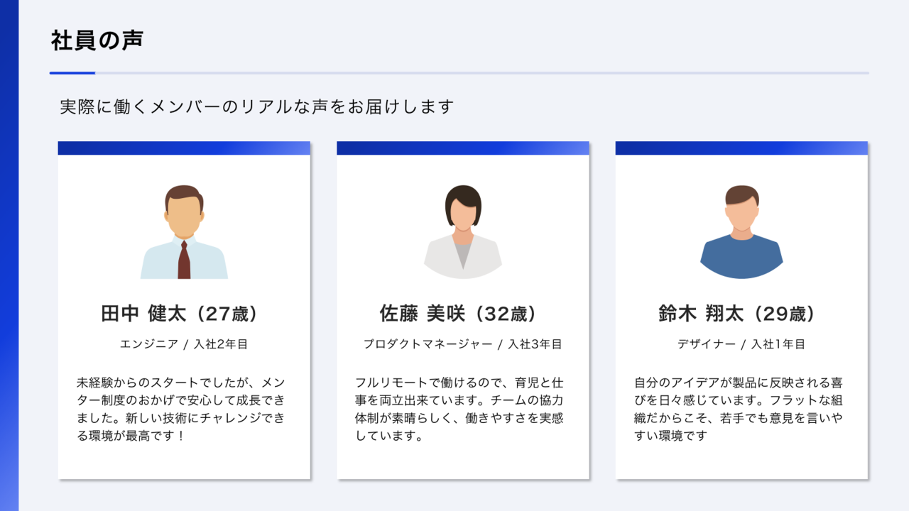 採用ピッチ資料の社員の声ページのスライド例　具体的にどんな人が働いているのかをイメージしやすいよう、リアルな声を掲載